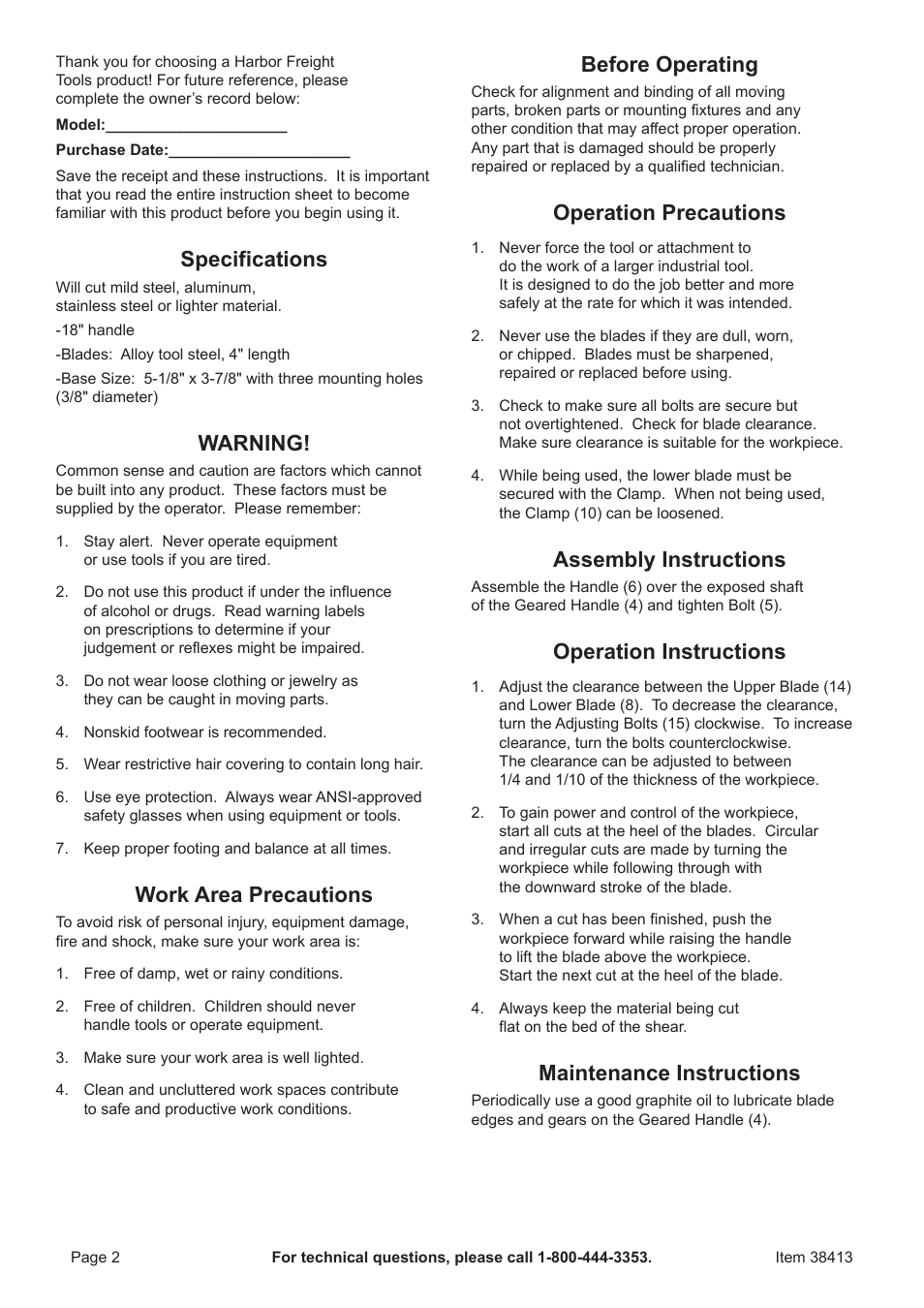 Specifications, Warning, Work area precautions | Before operating, Operation precautions, Assembly instructions, Operation instructions, Maintenance instructions | Harbor Freight Tools CENTRAL FORGE 38413 User Manual | Page 2 / 4