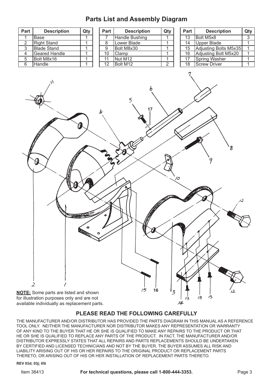 Parts list and assembly diagram | Harbor Freight Tools CENTRAL FORGE 38413 User Manual | Page 3 / 4