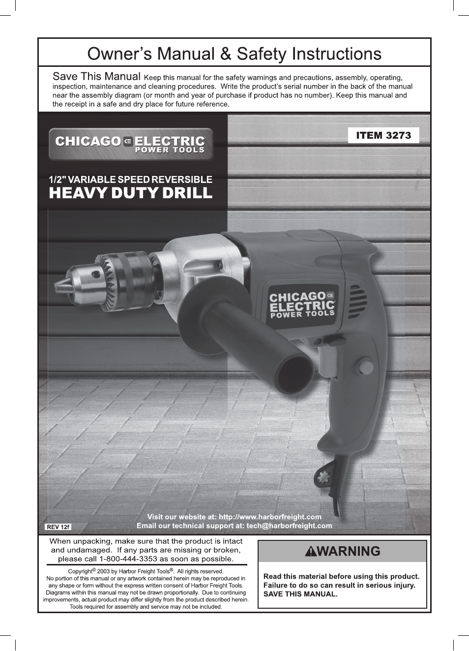 Harbor Freight Tools HEAVY-DUTY 1/2" VSR DRILL 3273 User Manual | 16 pages