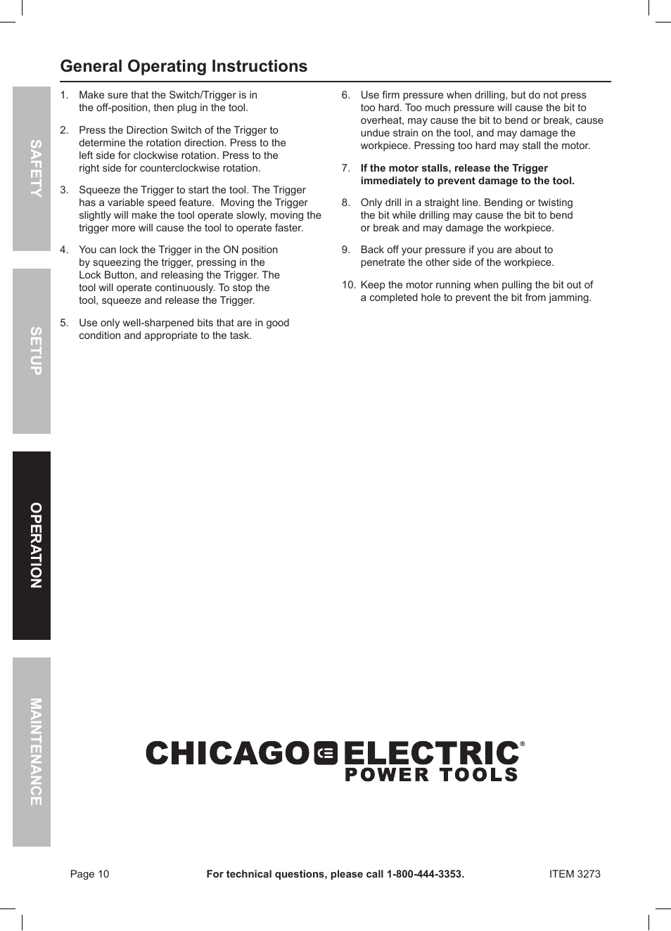 General operating instructions, Safety opera tion maintenance setup | Harbor Freight Tools HEAVY-DUTY 1/2" VSR DRILL 3273 User Manual | Page 10 / 16