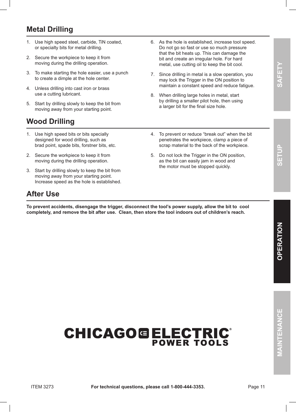 Metal drilling, Wood drilling, After use | Safety opera tion maintenance setup | Harbor Freight Tools HEAVY-DUTY 1/2" VSR DRILL 3273 User Manual | Page 11 / 16