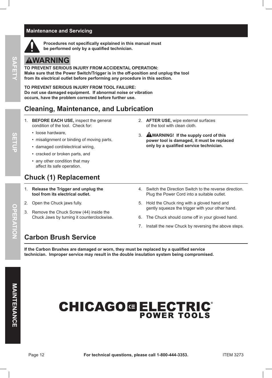 Cleaning, maintenance, and lubrication, Chuck (1) replacement, Carbon brush service | Safety opera tion maintenance setup | Harbor Freight Tools HEAVY-DUTY 1/2" VSR DRILL 3273 User Manual | Page 12 / 16