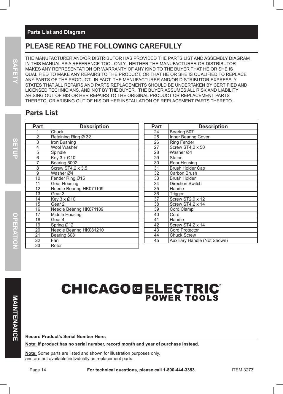 Please read the following carefully, Parts list, Safety opera tion maintenance setup | Harbor Freight Tools HEAVY-DUTY 1/2" VSR DRILL 3273 User Manual | Page 14 / 16