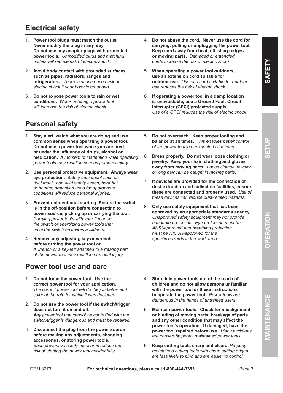 Electrical safety, Personal safety, Power tool use and care | Safety opera tion maintenance setup | Harbor Freight Tools HEAVY-DUTY 1/2" VSR DRILL 3273 User Manual | Page 3 / 16