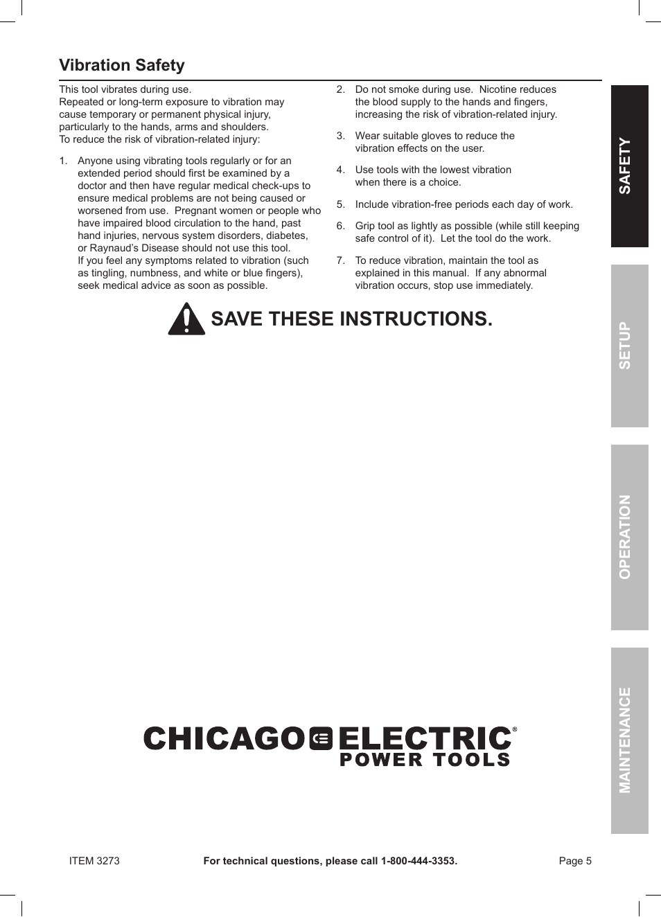 Save these instructions, Vibration safety, Safety opera tion maintenance setup | Harbor Freight Tools HEAVY-DUTY 1/2" VSR DRILL 3273 User Manual | Page 5 / 16