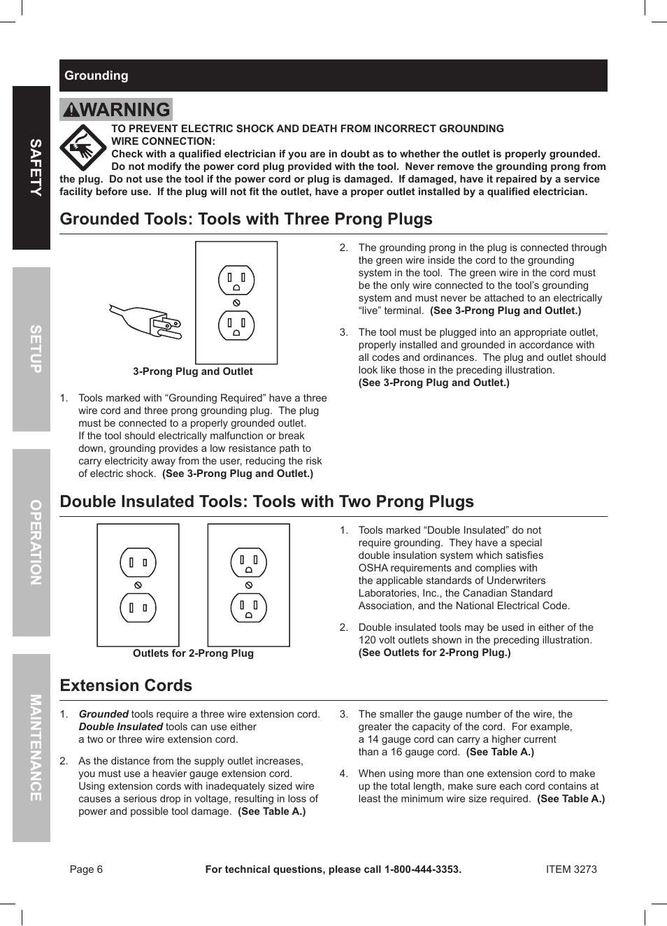 Grounded tools: tools with three prong plugs, Double insulated tools: tools with two prong plugs, Extension cords | Safety opera tion maintenance setup | Harbor Freight Tools HEAVY-DUTY 1/2" VSR DRILL 3273 User Manual | Page 6 / 16