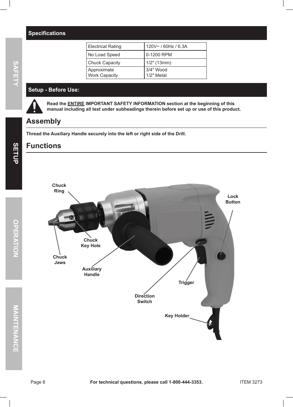 Assembly, Functions, Safety opera tion maintenance setup | Harbor Freight Tools HEAVY-DUTY 1/2" VSR DRILL 3273 User Manual | Page 8 / 16