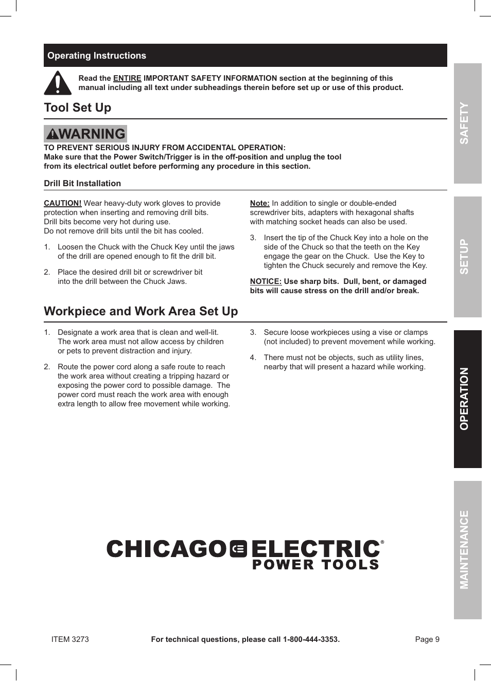 Tool set up, Workpiece and work area set up, Safety opera tion maintenance setup | Harbor Freight Tools HEAVY-DUTY 1/2" VSR DRILL 3273 User Manual | Page 9 / 16