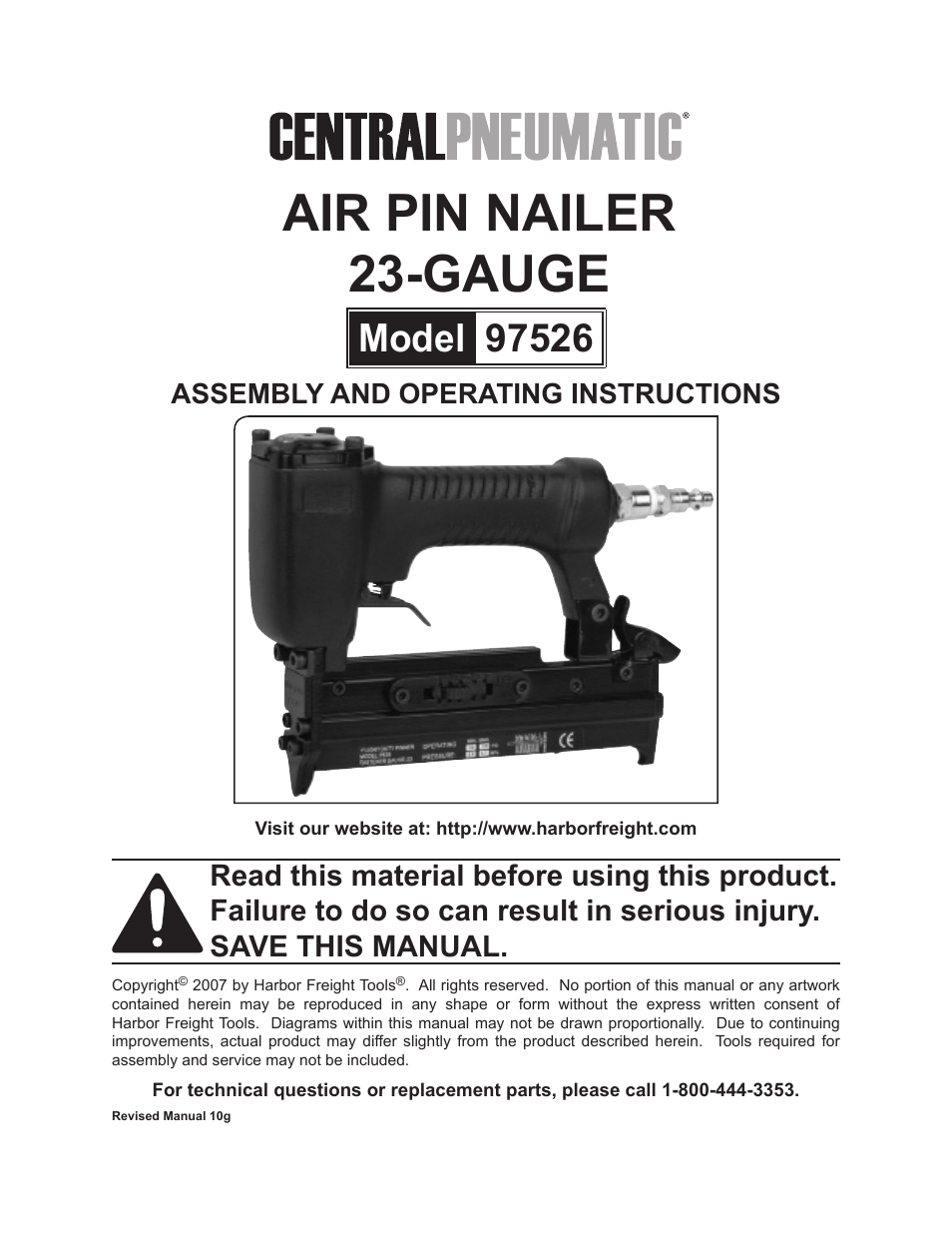 Harbor Freight Tools CENTRALPNEUMATIC 97526 User Manual | 10 pages