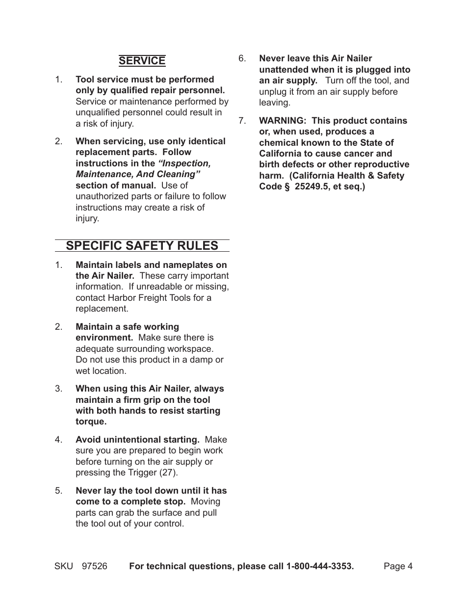 Specific safety rules | Harbor Freight Tools CENTRALPNEUMATIC 97526 User Manual | Page 4 / 10