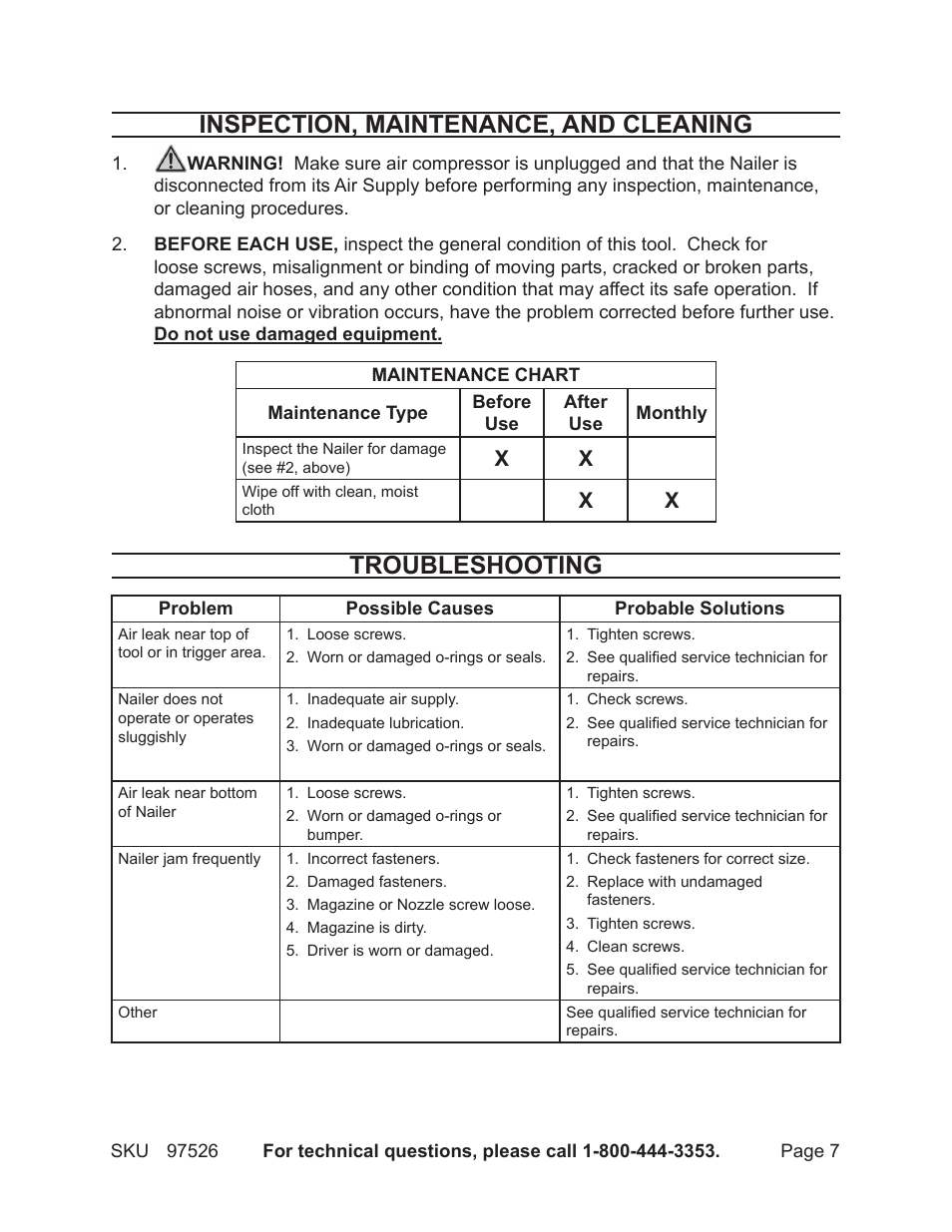 Inspection, maintenance, and cleaning, Troubleshooting | Harbor Freight Tools CENTRALPNEUMATIC 97526 User Manual | Page 7 / 10