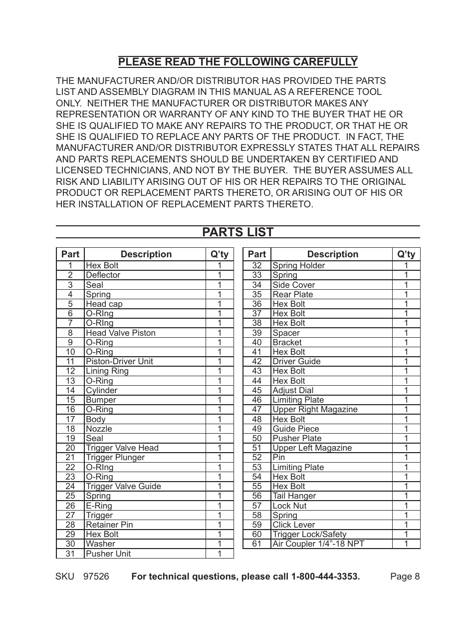 Parts list, Please read the following carefully | Harbor Freight Tools CENTRALPNEUMATIC 97526 User Manual | Page 8 / 10