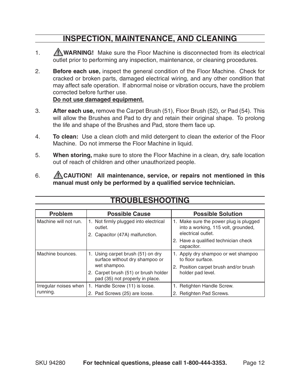 Inspection, maintenance, and cleaning, Troubleshooting | Harbor Freight Tools 94280 User Manual | Page 12 / 15