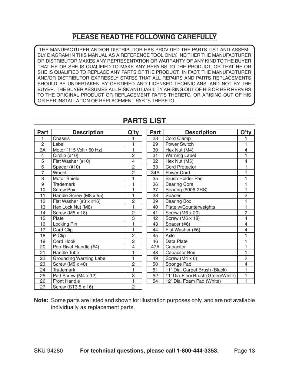 Parts list, Please read the following carefully | Harbor Freight Tools 94280 User Manual | Page 13 / 15