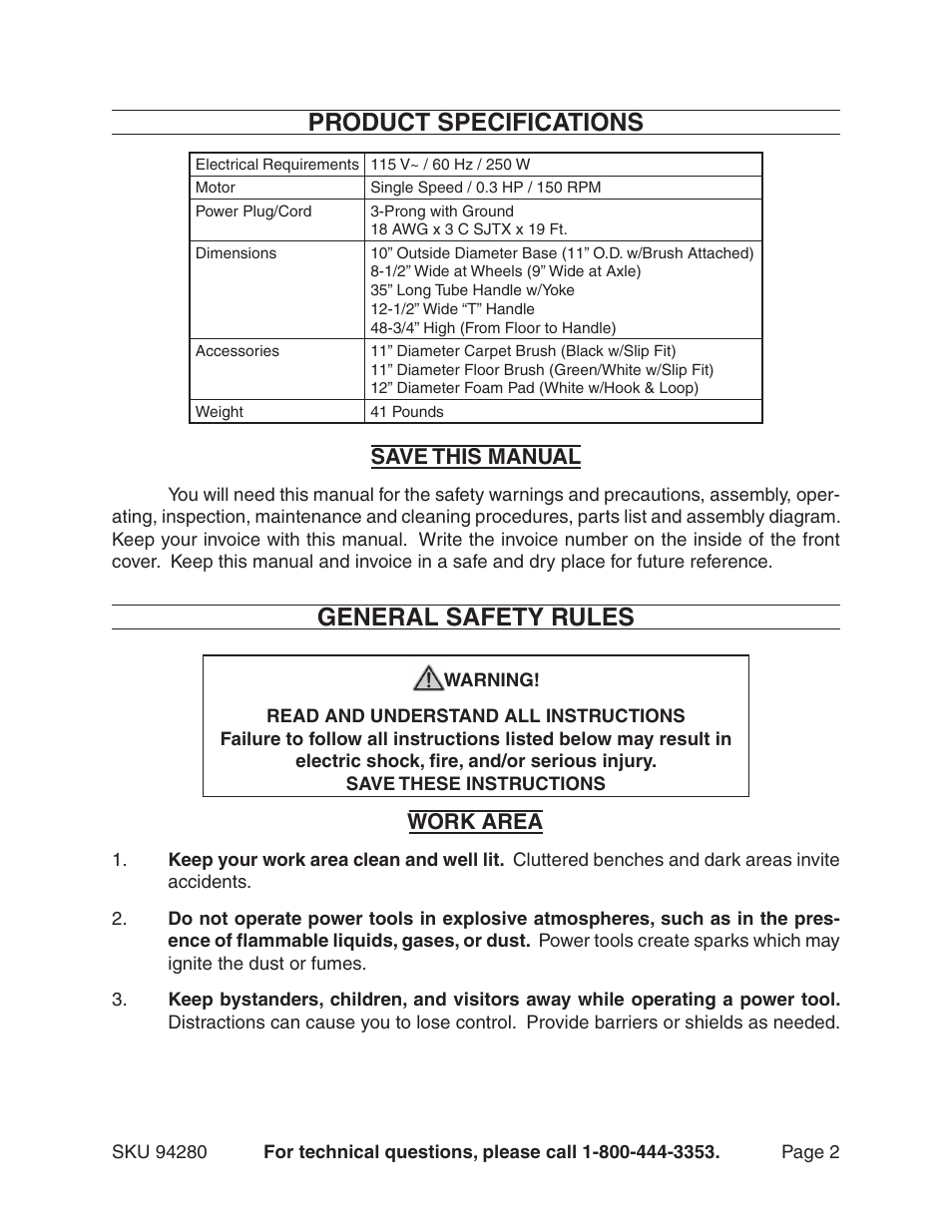 Product specifications, General safety rules | Harbor Freight Tools 94280 User Manual | Page 2 / 15