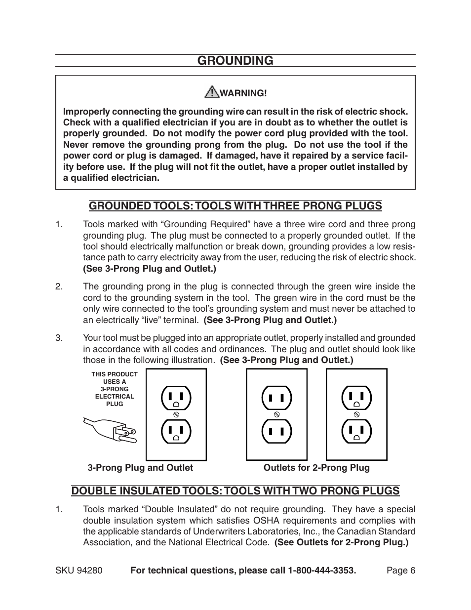 Grounding, Grounded tools: tools with three prong plugs, Double insulated tools: tools with two prong plugs | Harbor Freight Tools 94280 User Manual | Page 6 / 15