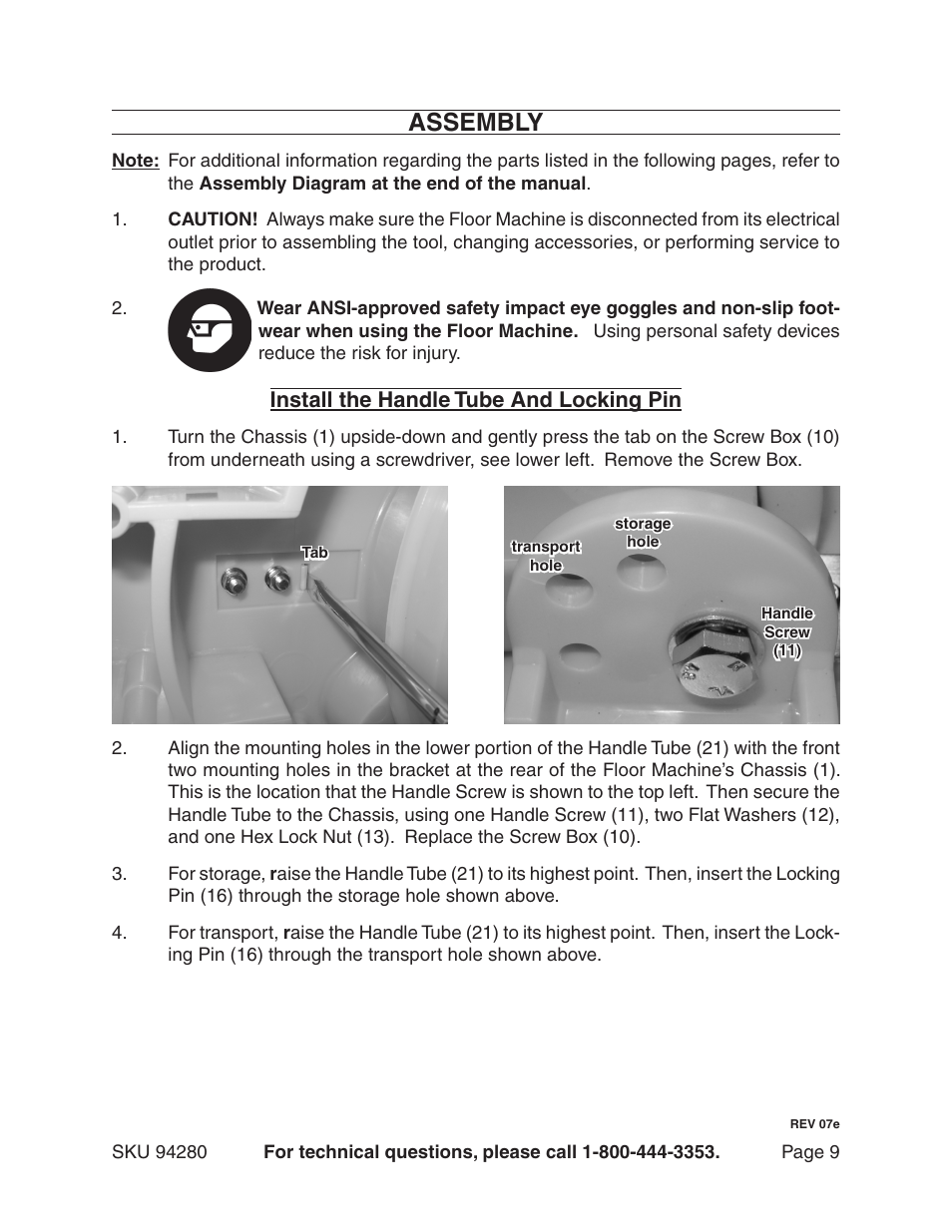 Assembly, Install the handle tube and locking pin | Harbor Freight Tools 94280 User Manual | Page 9 / 15