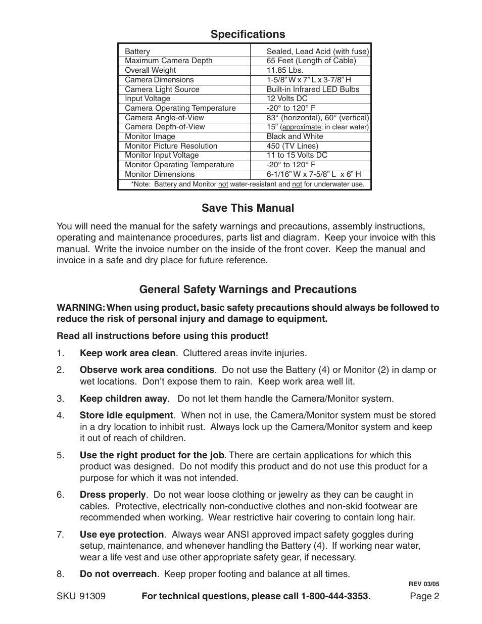 Save this manual, General safety warnings and precautions, Specifications | Harbor Freight Tools 91309 User Manual | Page 2 / 7