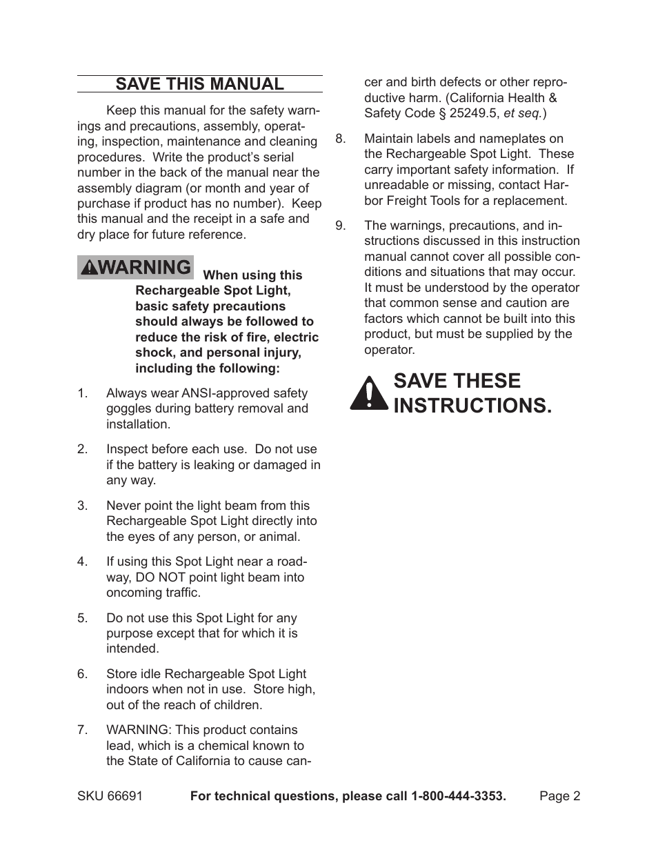 Save these instructions, Save this manual | Harbor Freight Tools GORDON 66691 User Manual | Page 2 / 6