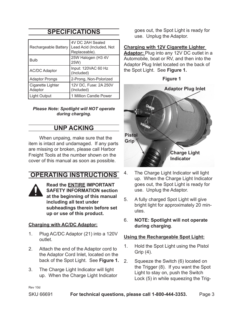 Specifications, Unp acking, Operating instructions | Harbor Freight Tools GORDON 66691 User Manual | Page 3 / 6