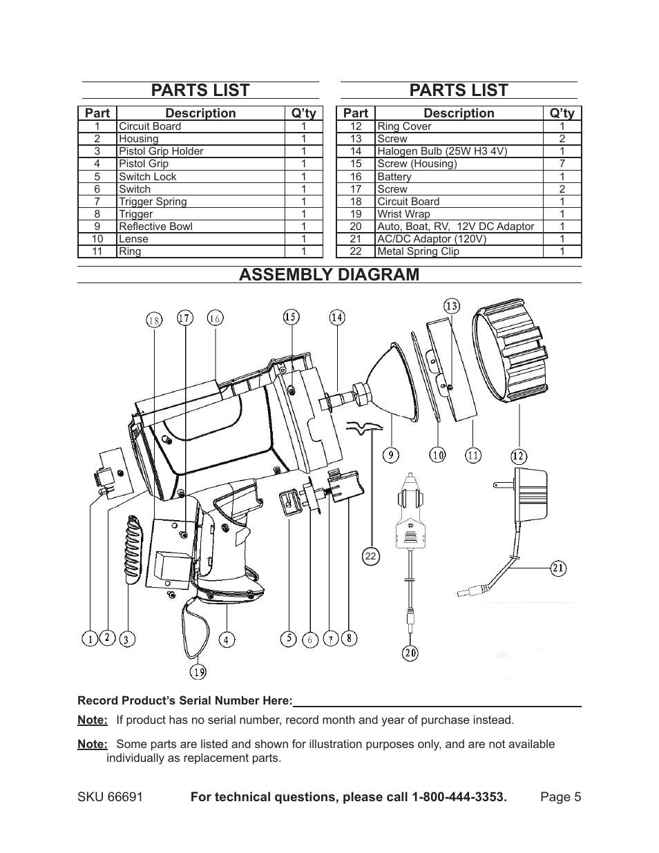 Parts list, Assembly diagram | Harbor Freight Tools GORDON 66691 User Manual | Page 5 / 6