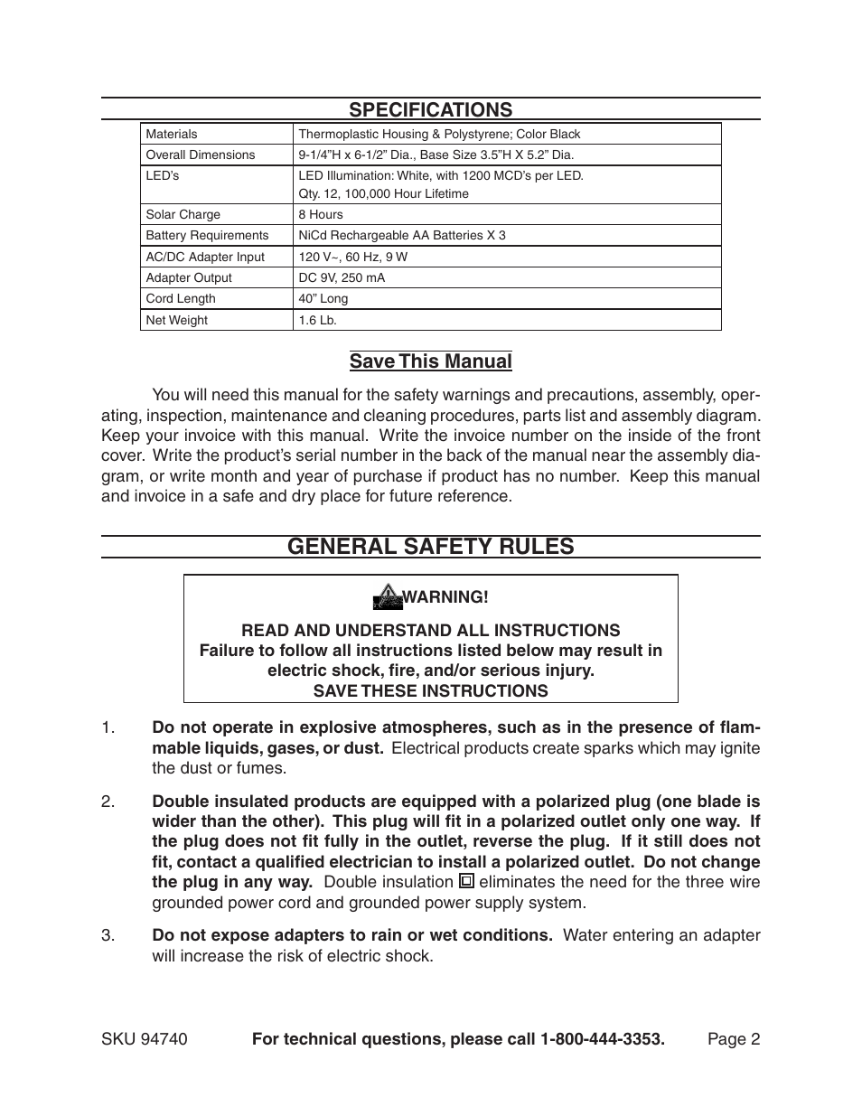 General safety rules, Specifications, Save this manual | Harbor Freight Tools 94740 User Manual | Page 2 / 8