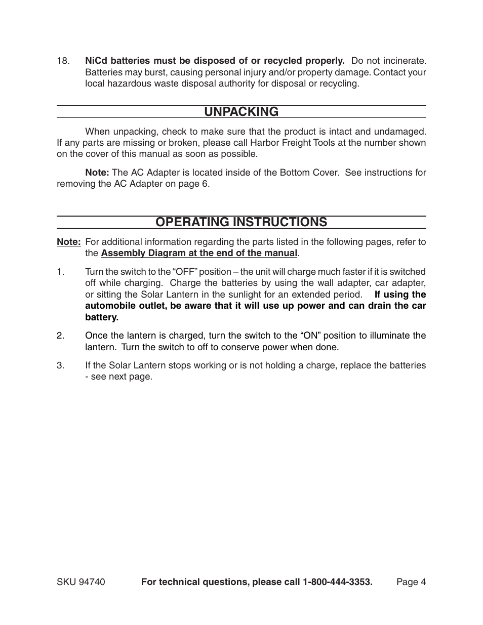 Unpacking, Operating instructions | Harbor Freight Tools 94740 User Manual | Page 4 / 8