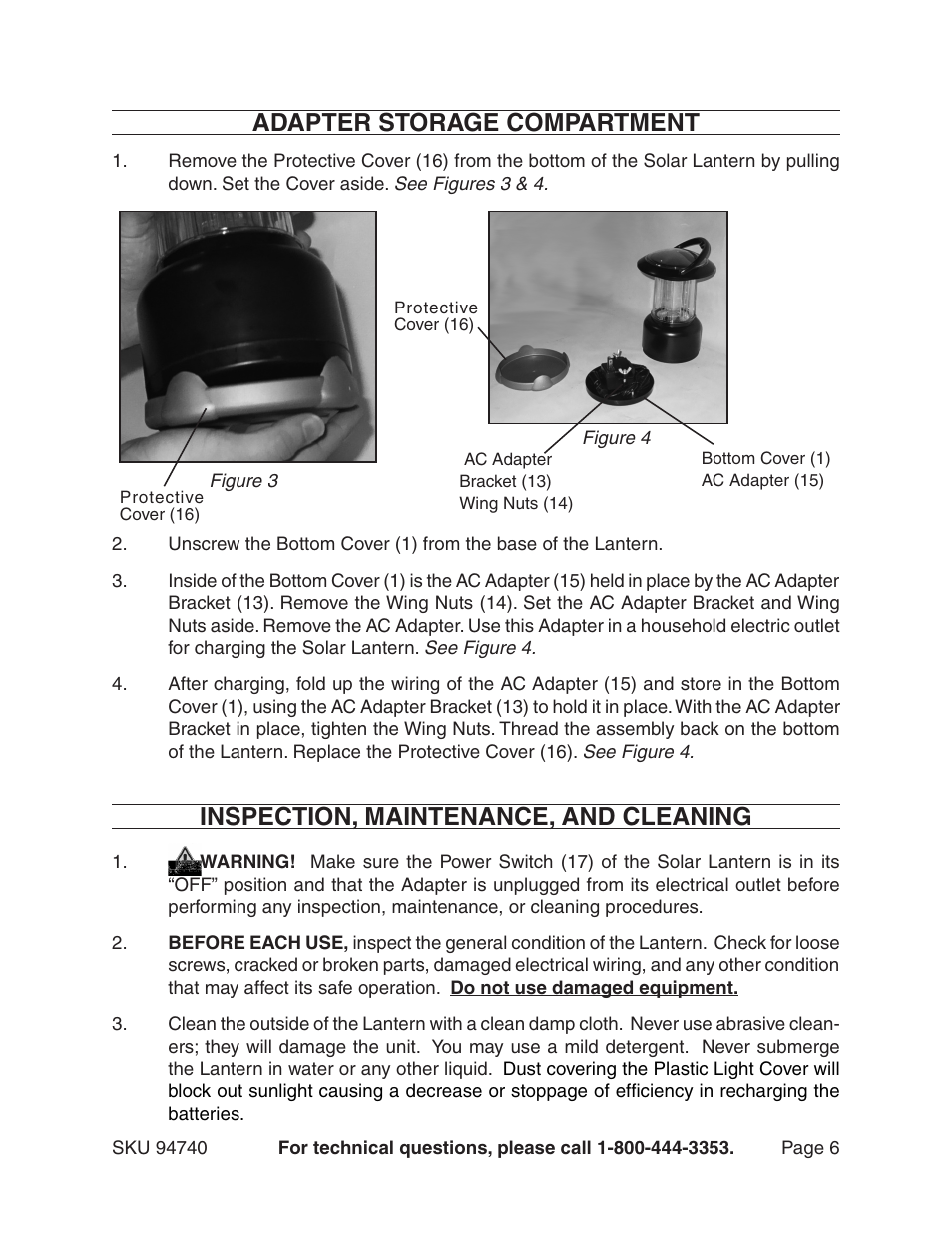 Adapter storage compartment, Inspection, maintenance, and cleaning | Harbor Freight Tools 94740 User Manual | Page 6 / 8