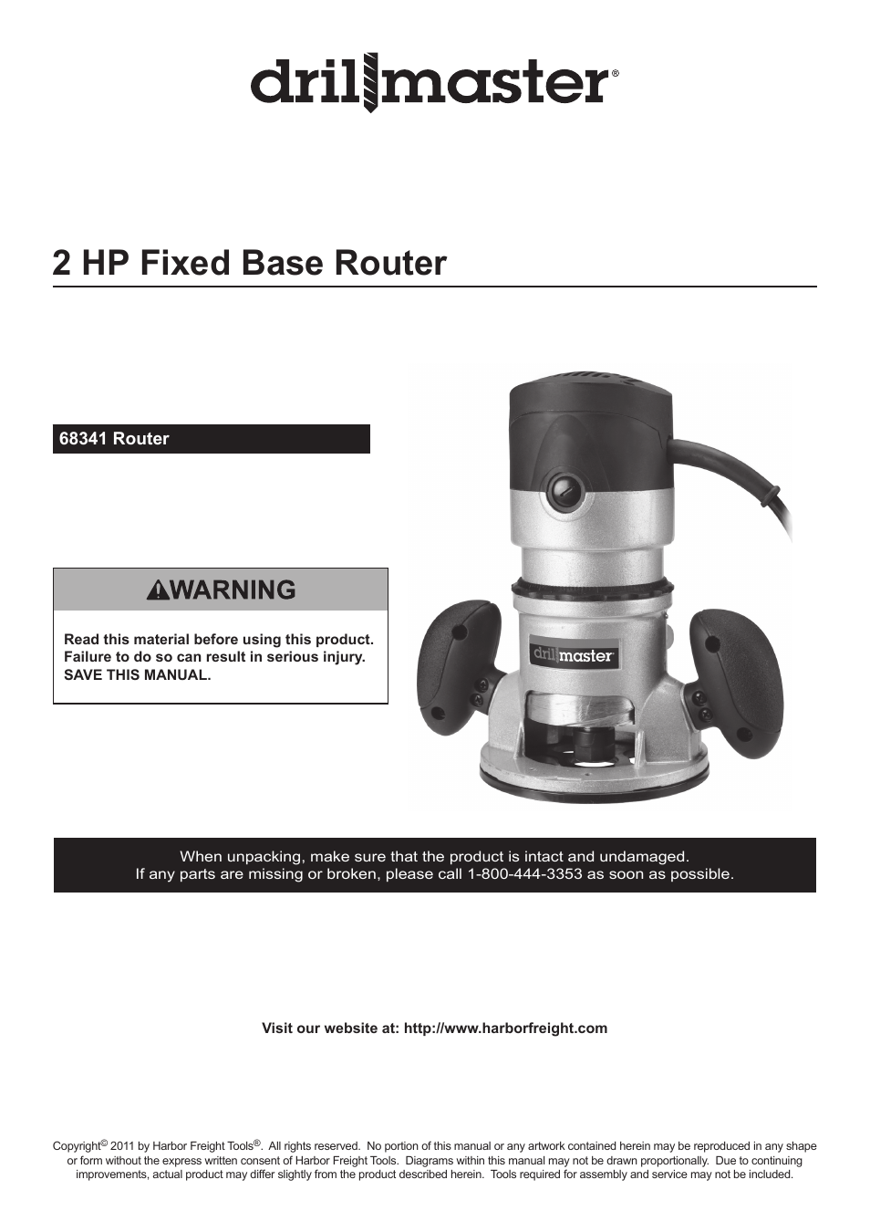 Harbor Freight Tools Drillmaster 2 HP Fixed Base Router 68341 User Manual | 14 pages