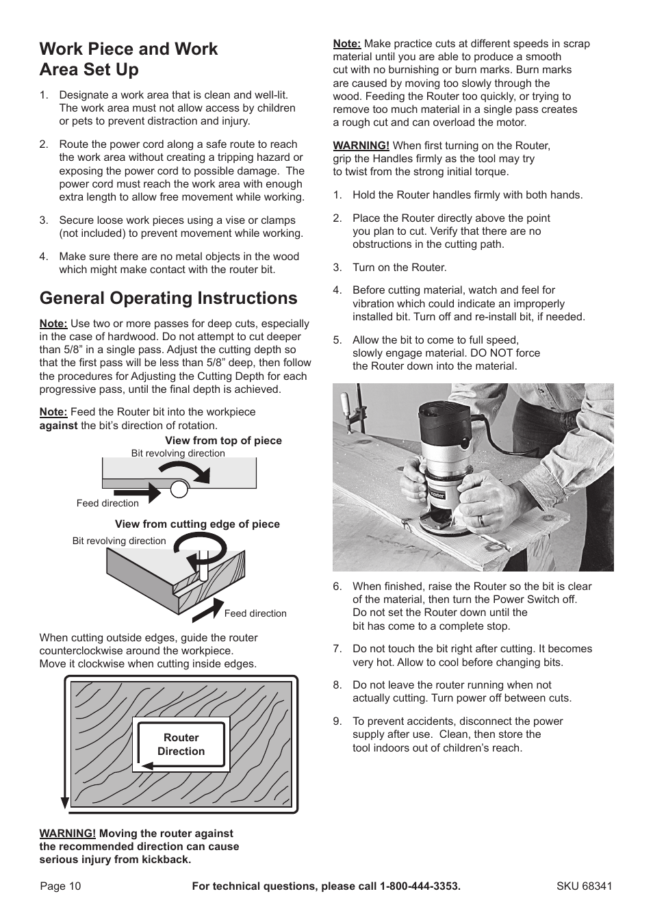 Work piece and work area set up, General operating instructions | Harbor Freight Tools Drillmaster 2 HP Fixed Base Router 68341 User Manual | Page 10 / 14