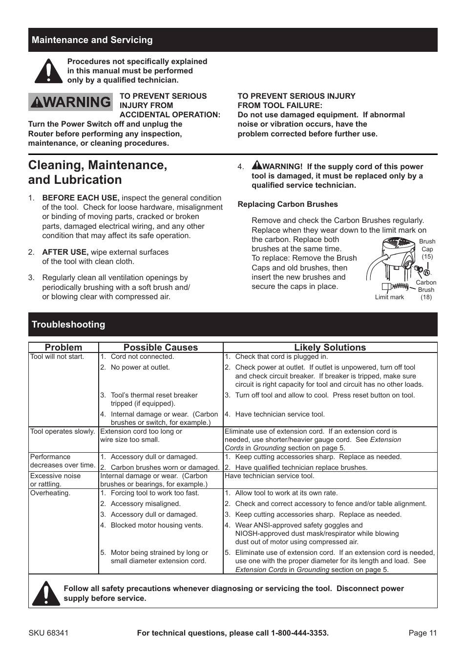 Cleaning, maintenance, and lubrication, Maintenance and servicing | Harbor Freight Tools Drillmaster 2 HP Fixed Base Router 68341 User Manual | Page 11 / 14