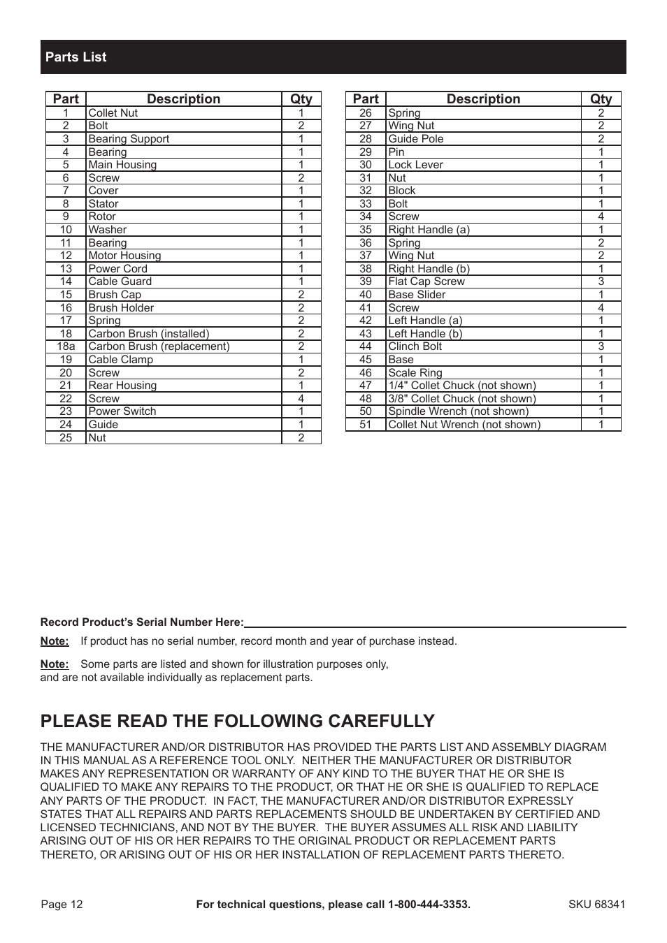 Please read the following carefully | Harbor Freight Tools Drillmaster 2 HP Fixed Base Router 68341 User Manual | Page 12 / 14