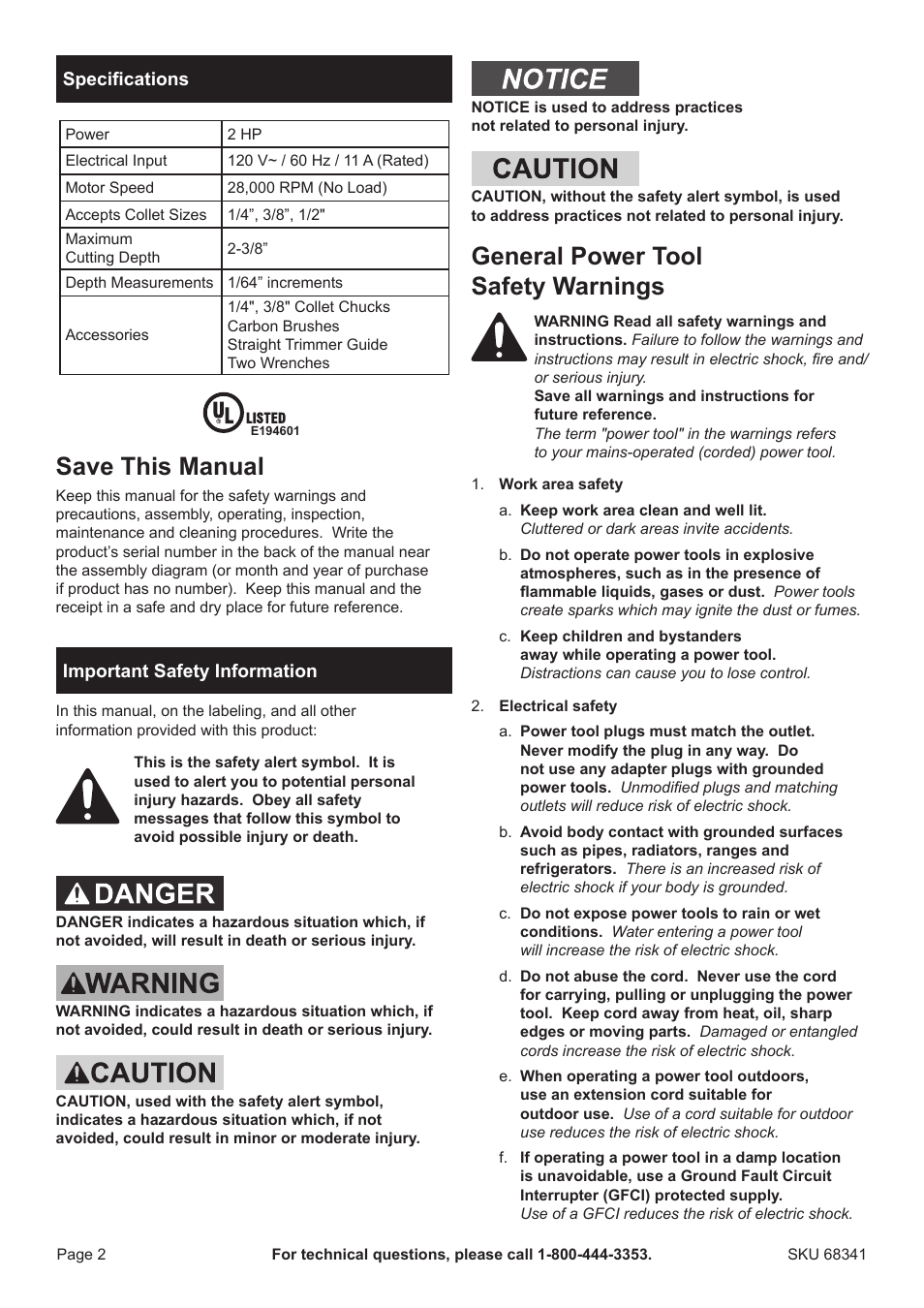 Save this manual, General power tool safety warnings | Harbor Freight Tools Drillmaster 2 HP Fixed Base Router 68341 User Manual | Page 2 / 14