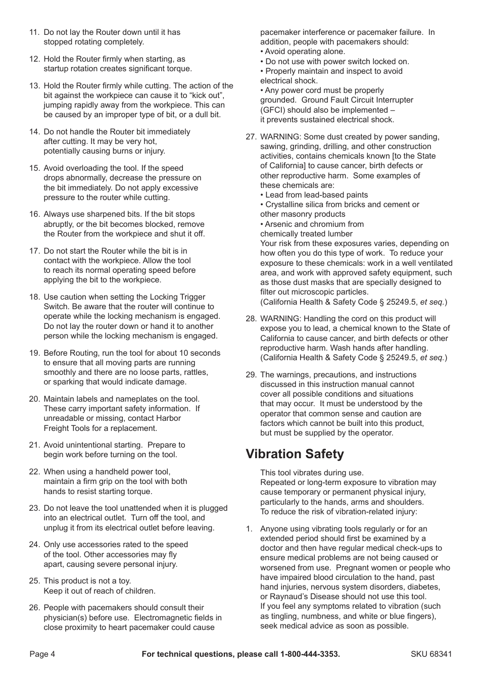 Vibration safety | Harbor Freight Tools Drillmaster 2 HP Fixed Base Router 68341 User Manual | Page 4 / 14