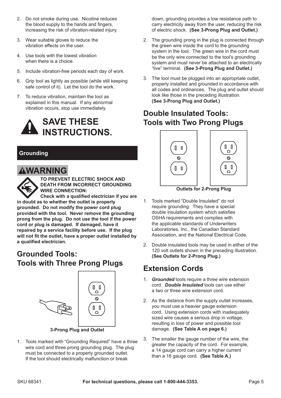 Save these instructions, Grounded tools: tools with three prong plugs, Double insulated tools: tools with two prong plugs | Extension cords | Harbor Freight Tools Drillmaster 2 HP Fixed Base Router 68341 User Manual | Page 5 / 14