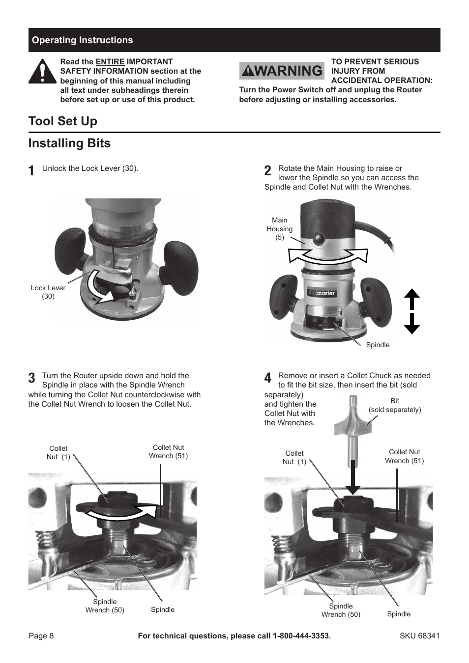 Tool set up installing bits | Harbor Freight Tools Drillmaster 2 HP Fixed Base Router 68341 User Manual | Page 8 / 14