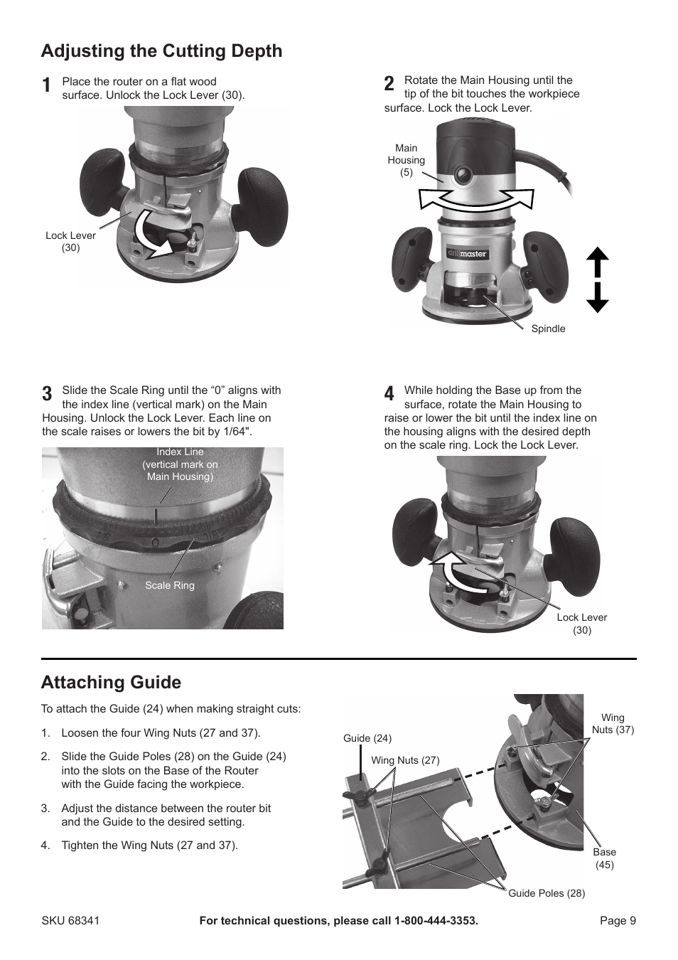 Adjusting the cutting depth attaching guide | Harbor Freight Tools Drillmaster 2 HP Fixed Base Router 68341 User Manual | Page 9 / 14