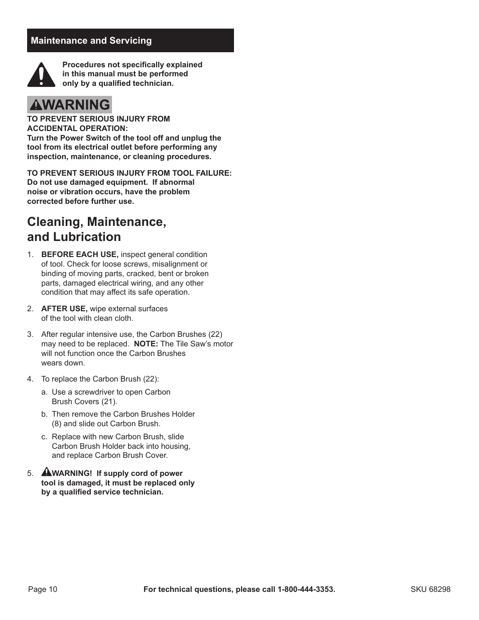 Cleaning, maintenance, and lubrication | Harbor Freight Tools 68298 User Manual | Page 10 / 14