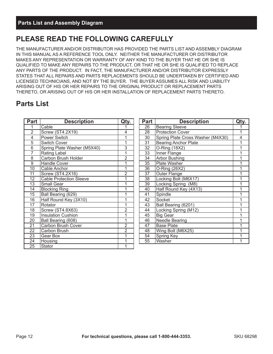 Please read the following carefully, Parts list | Harbor Freight Tools 68298 User Manual | Page 12 / 14