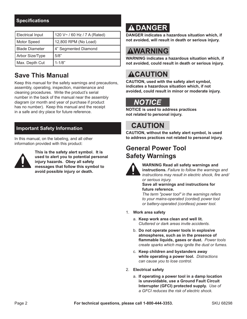 Save this manual, General power tool safety warnings | Harbor Freight Tools 68298 User Manual | Page 2 / 14