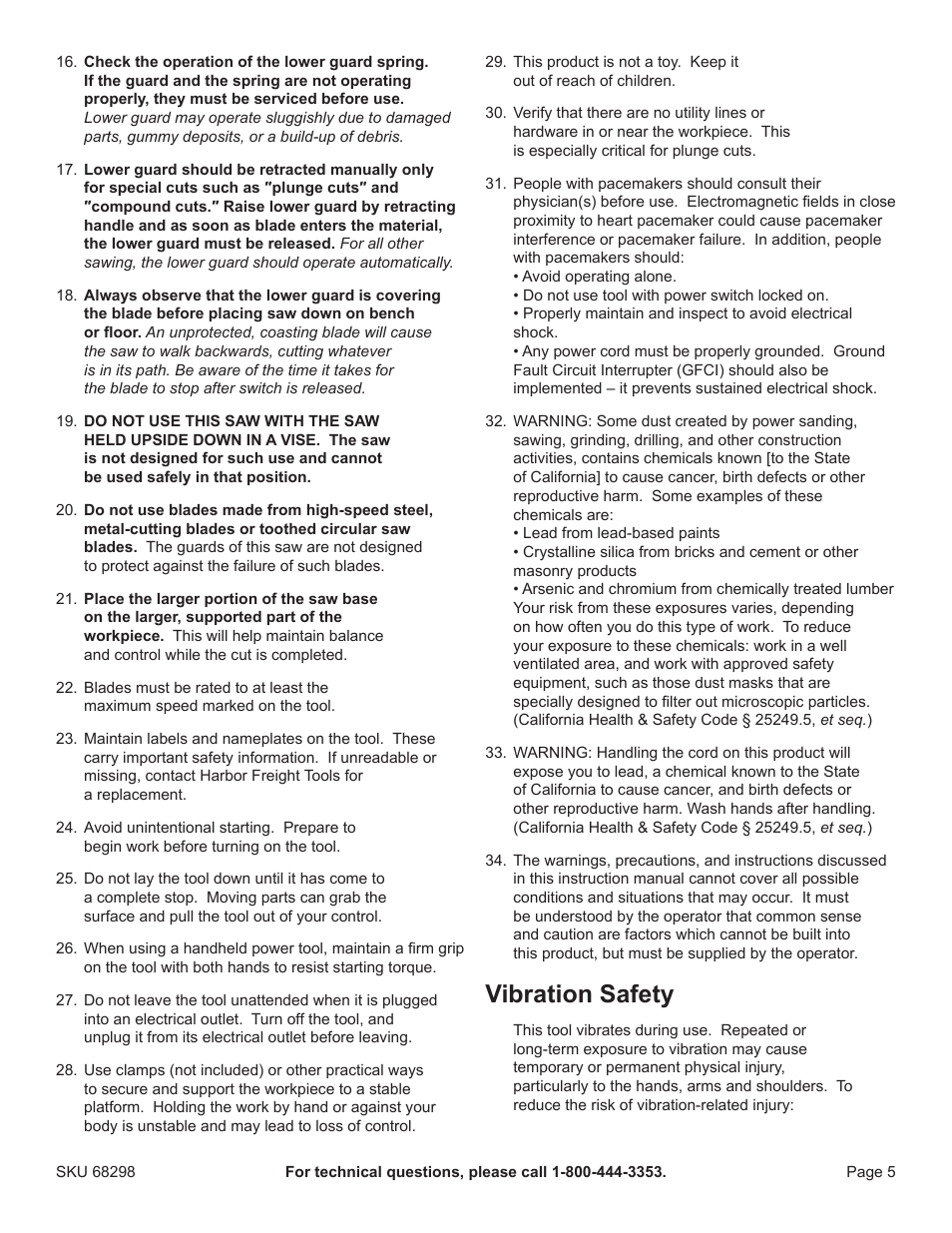 Vibration safety | Harbor Freight Tools 68298 User Manual | Page 5 / 14