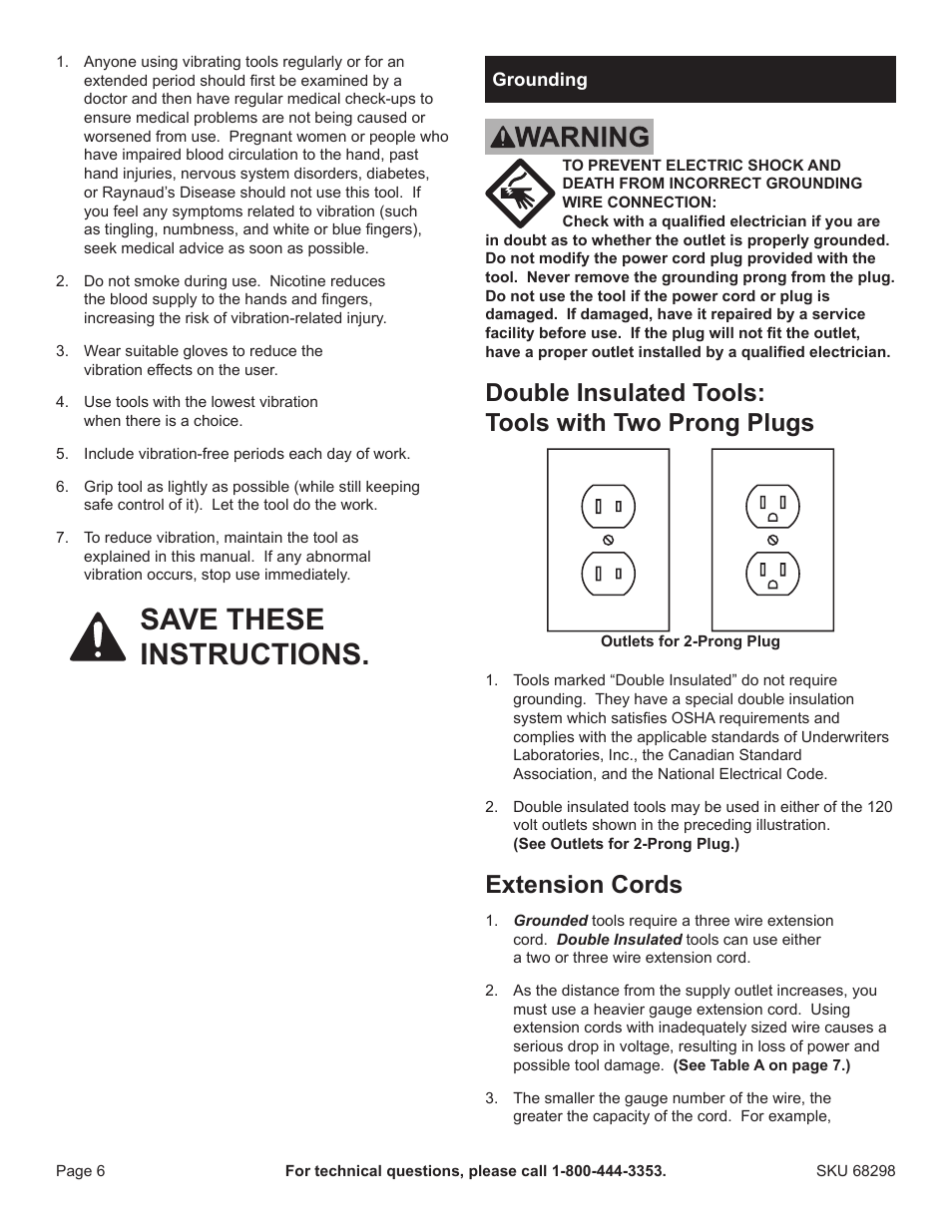 Save these instructions, Double insulated tools: tools with two prong plugs, Extension cords | Harbor Freight Tools 68298 User Manual | Page 6 / 14