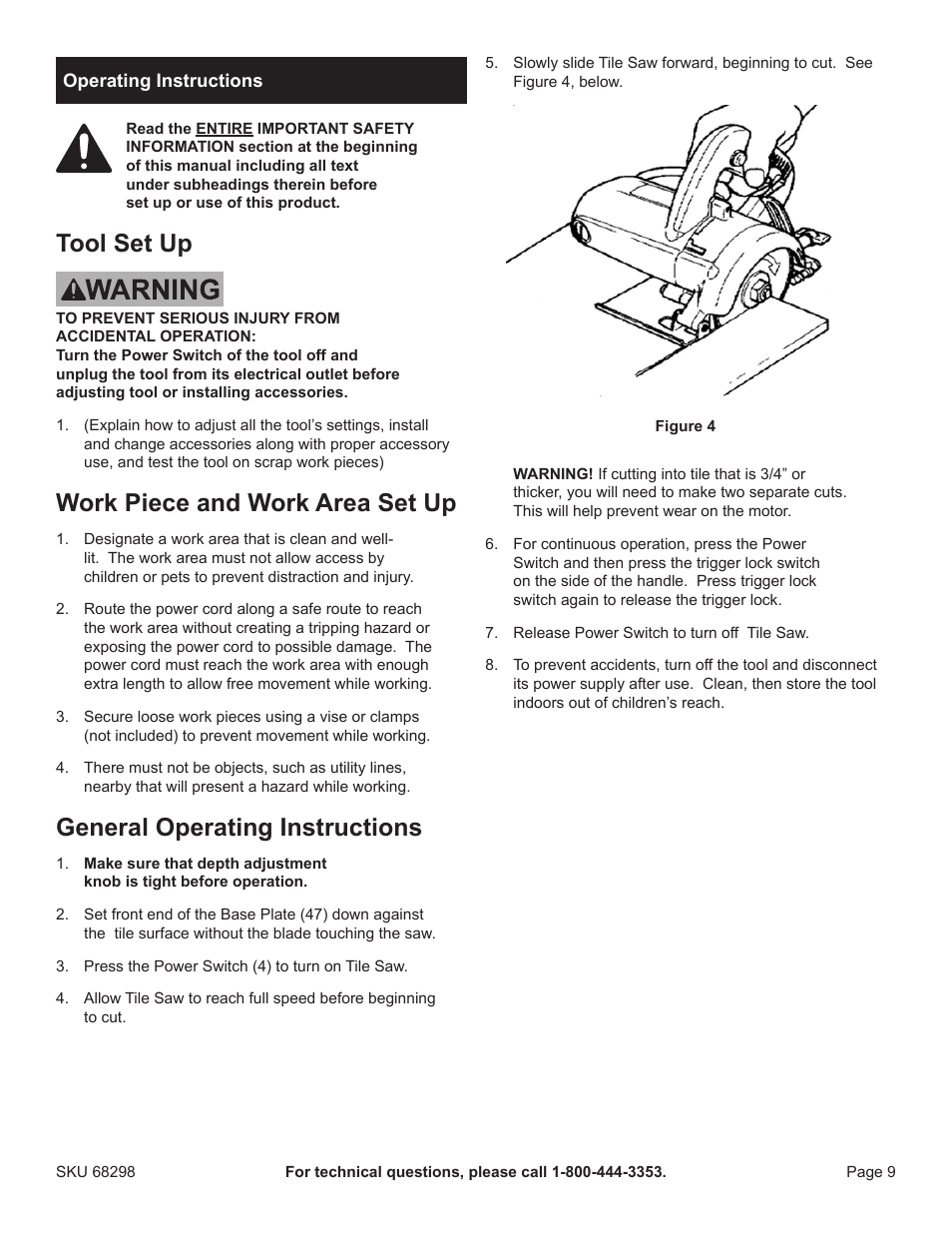 Tool set up, Work piece and work area set up, General operating instructions | Harbor Freight Tools 68298 User Manual | Page 9 / 14