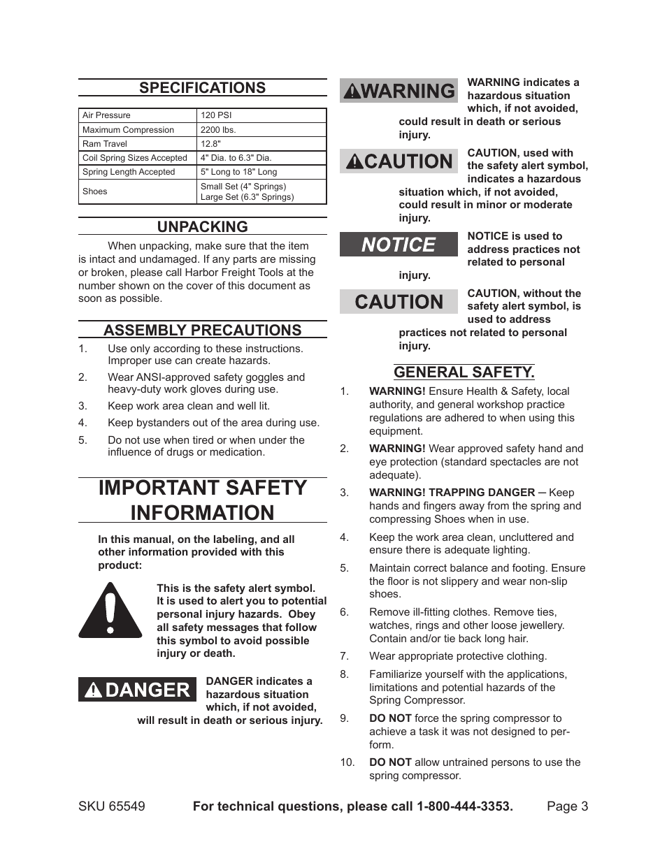 Important safety information, Specifications, Unpacking | Assembly precautions, General safety | Harbor Freight Tools CENTRAL HUDRAULICS 65549 User Manual | Page 3 / 13