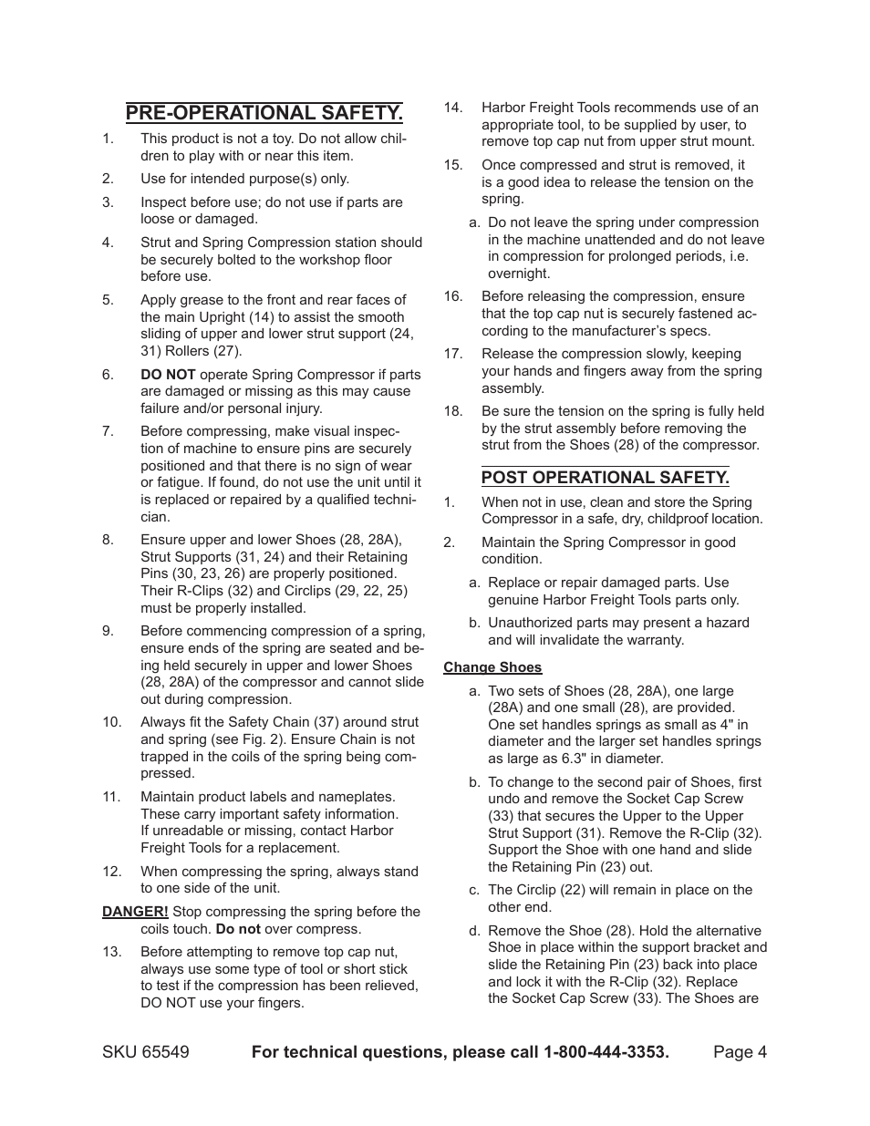 Pre-operational safety | Harbor Freight Tools CENTRAL HUDRAULICS 65549 User Manual | Page 4 / 13