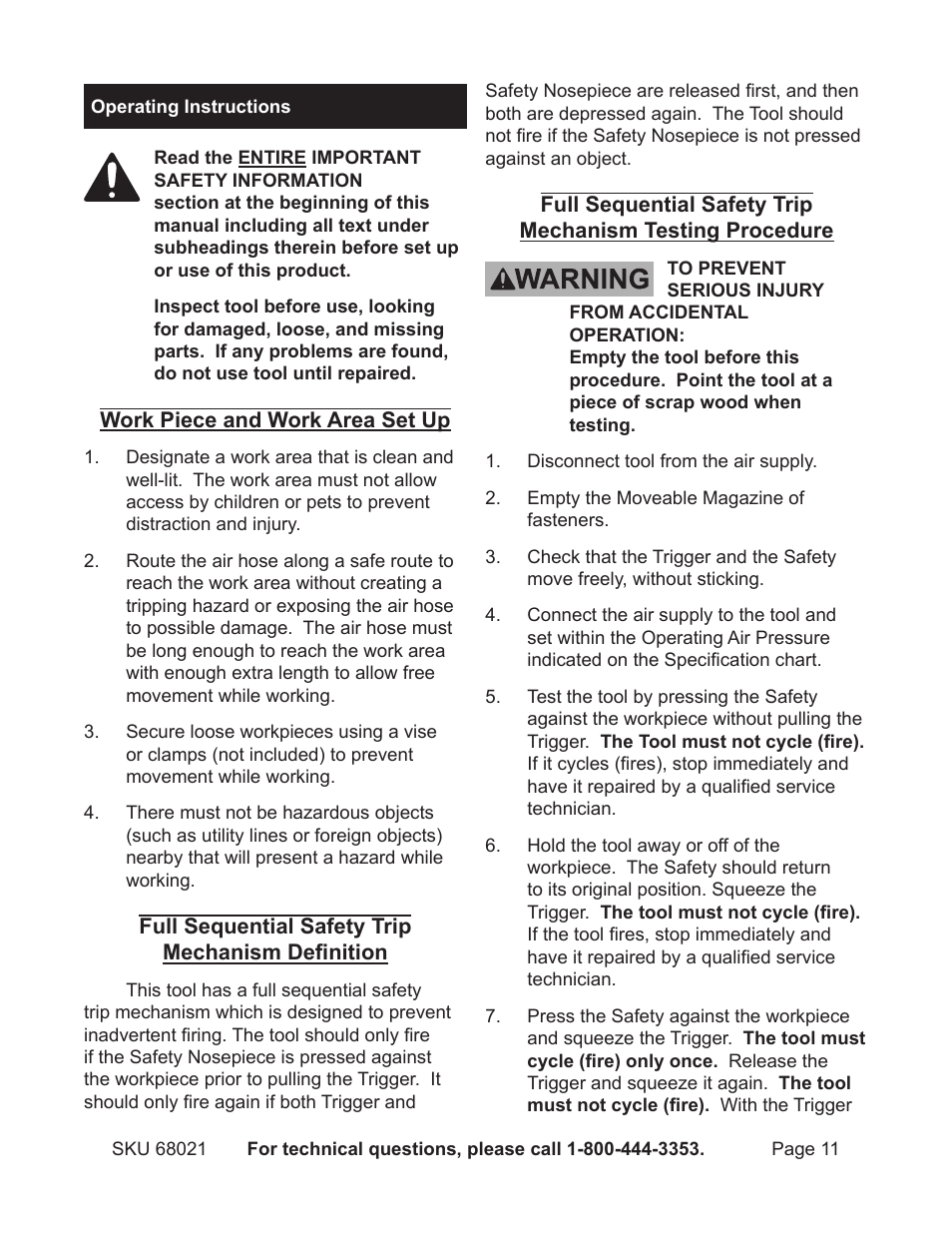 Operating instructions | Harbor Freight Tools 18 GAUGE BRAD NAILER 68021 User Manual | Page 11 / 18