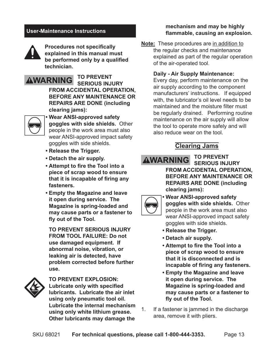 User‑maintenances | Harbor Freight Tools 18 GAUGE BRAD NAILER 68021 User Manual | Page 13 / 18