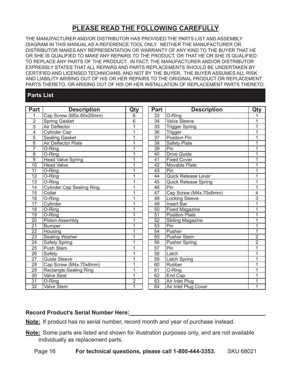 Please read the following carefully | Harbor Freight Tools 18 GAUGE BRAD NAILER 68021 User Manual | Page 16 / 18