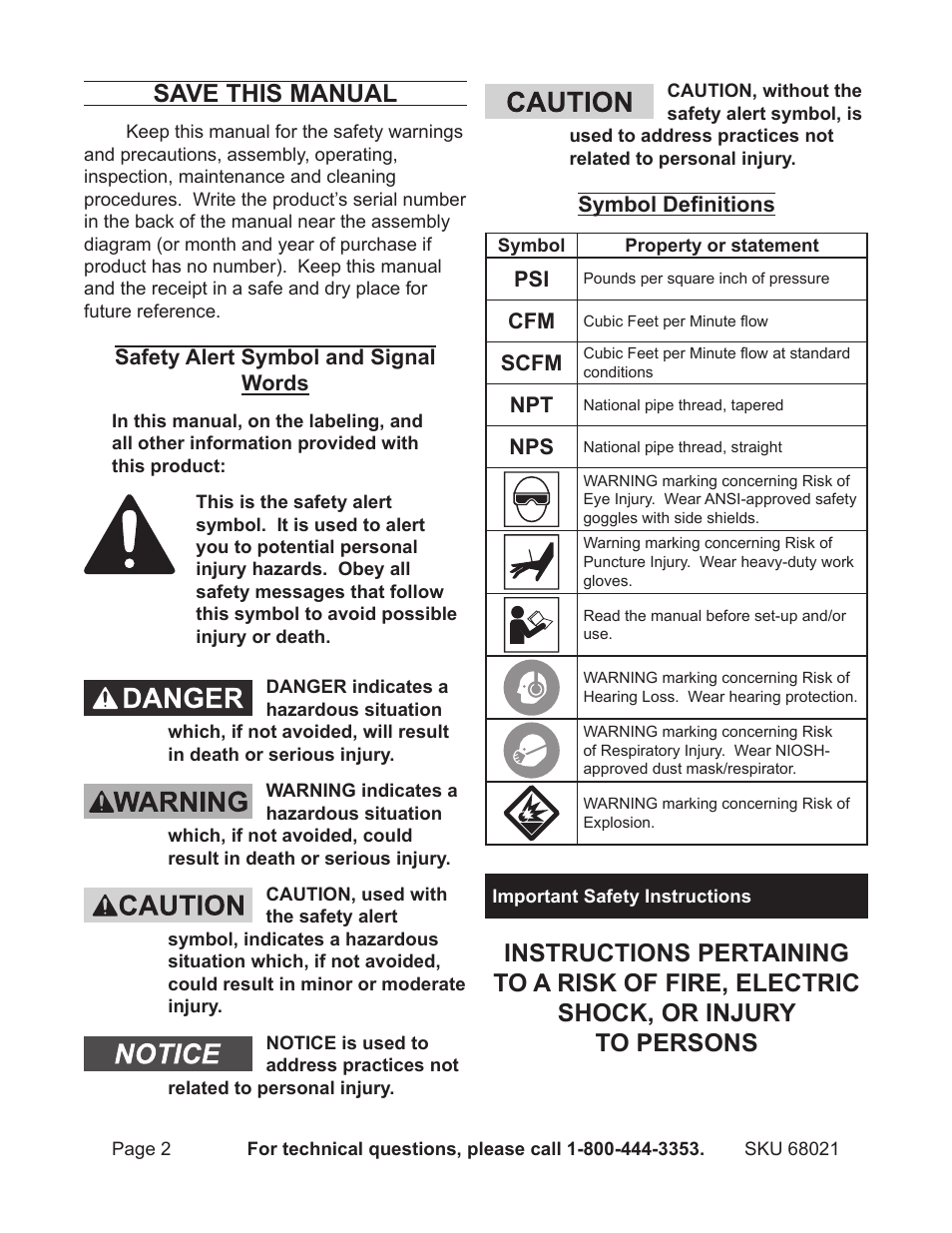 Important safety s, Save this manual | Harbor Freight Tools 18 GAUGE BRAD NAILER 68021 User Manual | Page 2 / 18