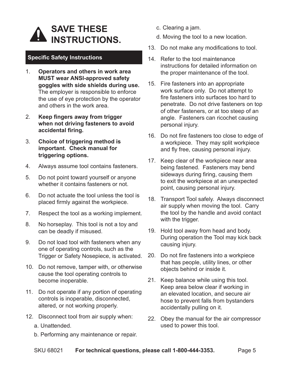 Save these instructions. specific safety s | Harbor Freight Tools 18 GAUGE BRAD NAILER 68021 User Manual | Page 5 / 18